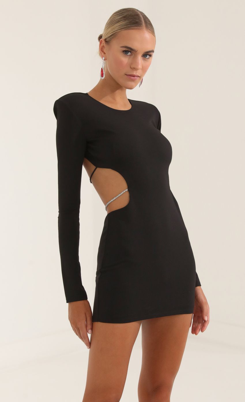 Picture Beatrix Crepe Shoulder Pad Cutout Dress in Black. Source: https://media.lucyinthesky.com/data/Oct22/850xAUTO/4e2fd3e5-7abe-4046-953f-c798b0ccfd9b.jpg