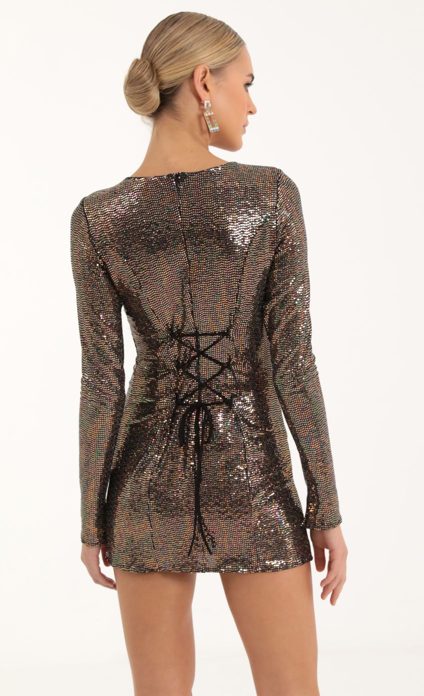 Picture Claudette Iridescent Sequin Cinched Bodycon Dress in Copper. Source: https://media.lucyinthesky.com/data/Oct22/850xAUTO/55a5e1cc-0c92-41a7-89ba-4e437a568939.jpg