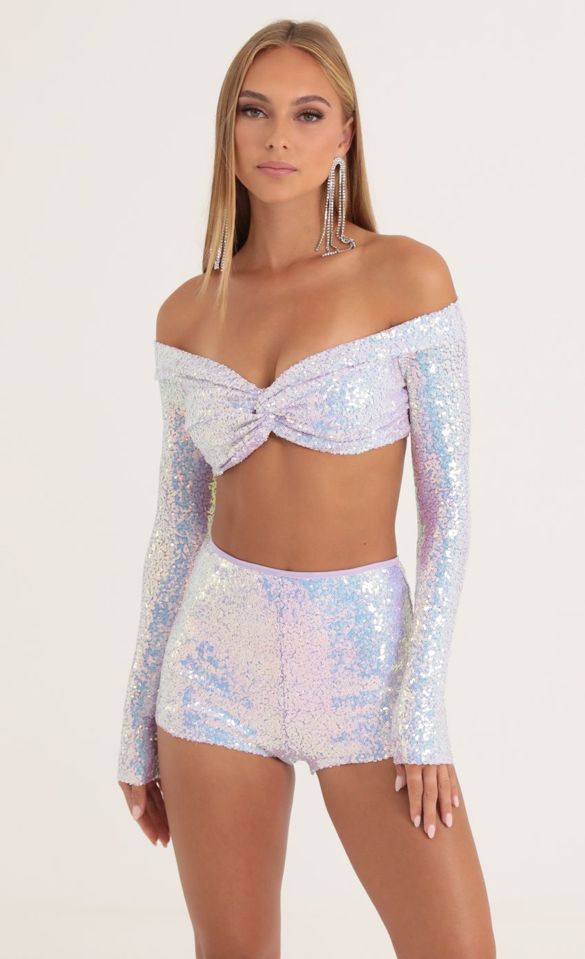 Picture North Iridescent Sequin Two Piece Set in Purple. Source: https://media.lucyinthesky.com/data/Oct22/850xAUTO/67744b02-dd8e-4b16-8b19-6f5651eaefcd.jpg