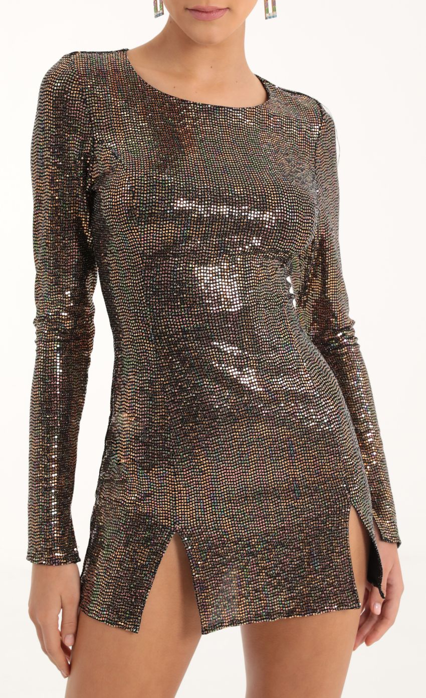 Picture Claudette Iridescent Sequin Cinched Bodycon Dress in Copper. Source: https://media.lucyinthesky.com/data/Oct22/850xAUTO/7d136028-28d0-4d63-8992-54296632df26.jpg
