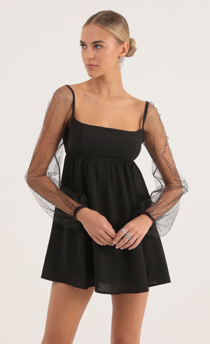 Birdie Glitter Long Sleeve Baby Doll Dress in Black LUCY IN THE SKY