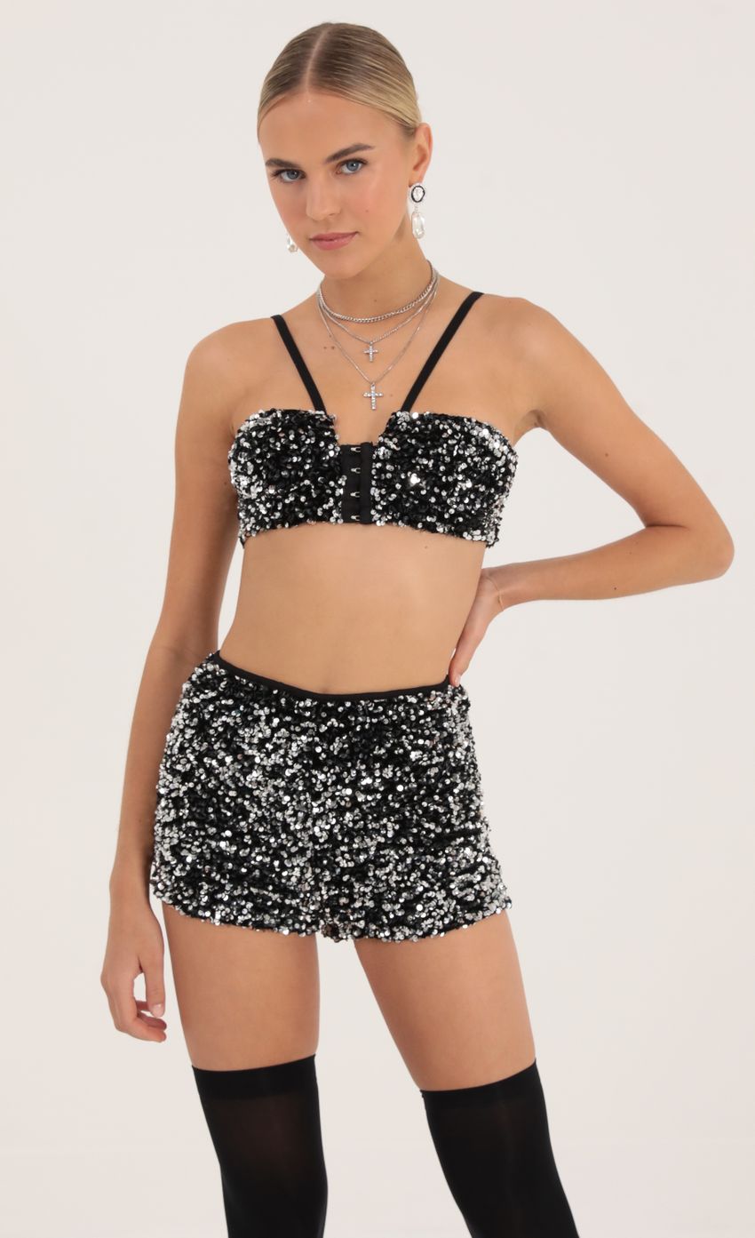 Picture Talulla Velvet Sequin Two Piece Short Set in Black and Silver. Source: https://media.lucyinthesky.com/data/Oct22/850xAUTO/8b850851-8780-47ed-8355-824e52118204.jpg