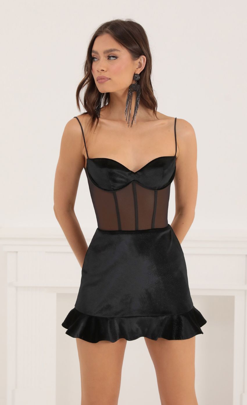 Picture Tavisha Velvet Foil and Mesh Corset Dress in Black. Source: https://media.lucyinthesky.com/data/Oct22/850xAUTO/8f5d7747-b954-4972-b16a-f6f092f05ec6.jpg