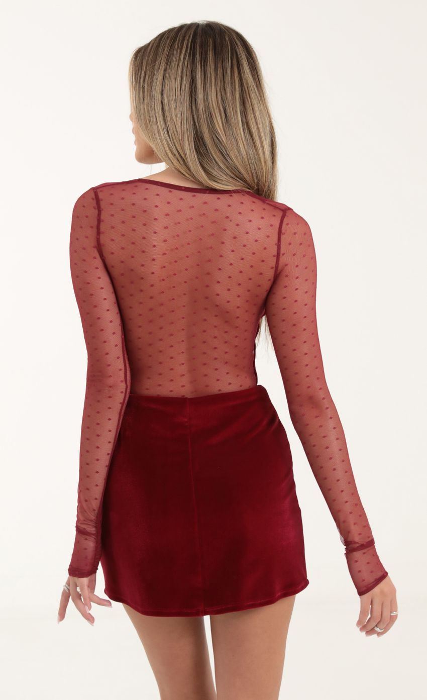 Picture Mildred Dotted Mesh Long Sleeve Cutout Dress in Red. Source: https://media.lucyinthesky.com/data/Oct22/850xAUTO/91aa45a3-6721-47ae-a489-41212d48b609.jpg