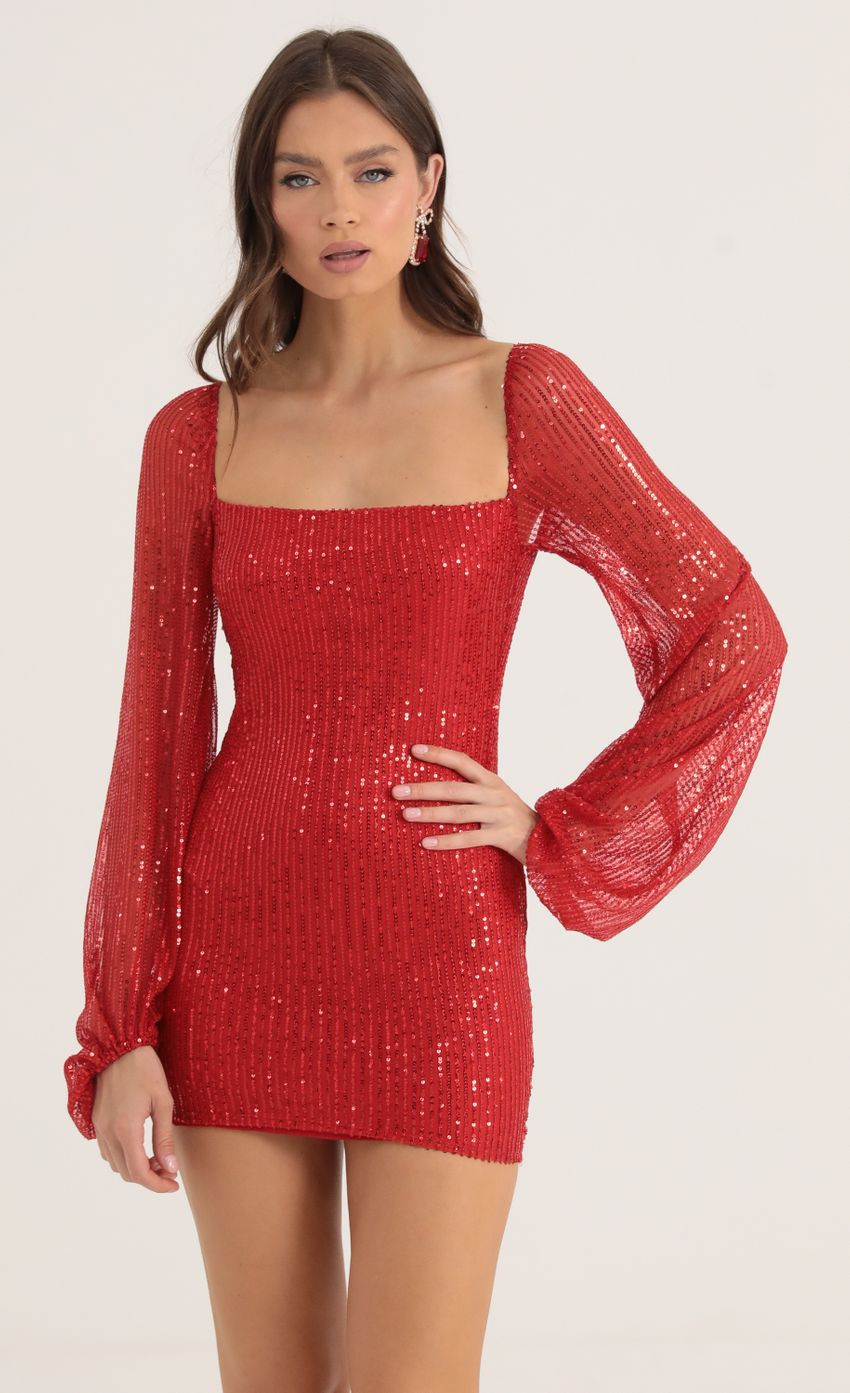 Picture Kirsten Sequin Open Back Long Sleeve Dress in Red. Source: https://media.lucyinthesky.com/data/Oct22/850xAUTO/9ce7f5f5-d08c-445b-8524-ac7ea52588df.jpg