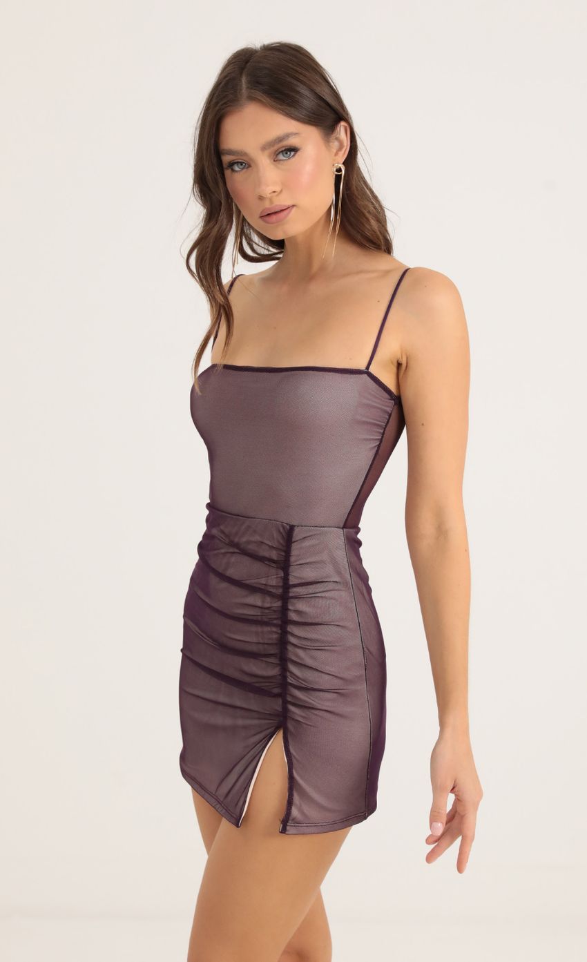Picture Risa Mesh Bodycon Dress in Purple. Source: https://media.lucyinthesky.com/data/Oct22/850xAUTO/a93820c3-f62f-4014-8f2d-bc52987ee7eb.jpg