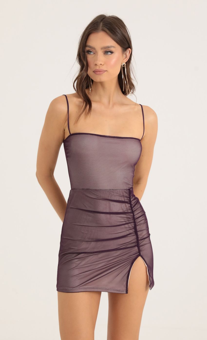 Picture Risa Mesh Bodycon Dress in Purple. Source: https://media.lucyinthesky.com/data/Oct22/850xAUTO/c5e27044-bfe3-4bde-ad87-a26b432d373d.jpg