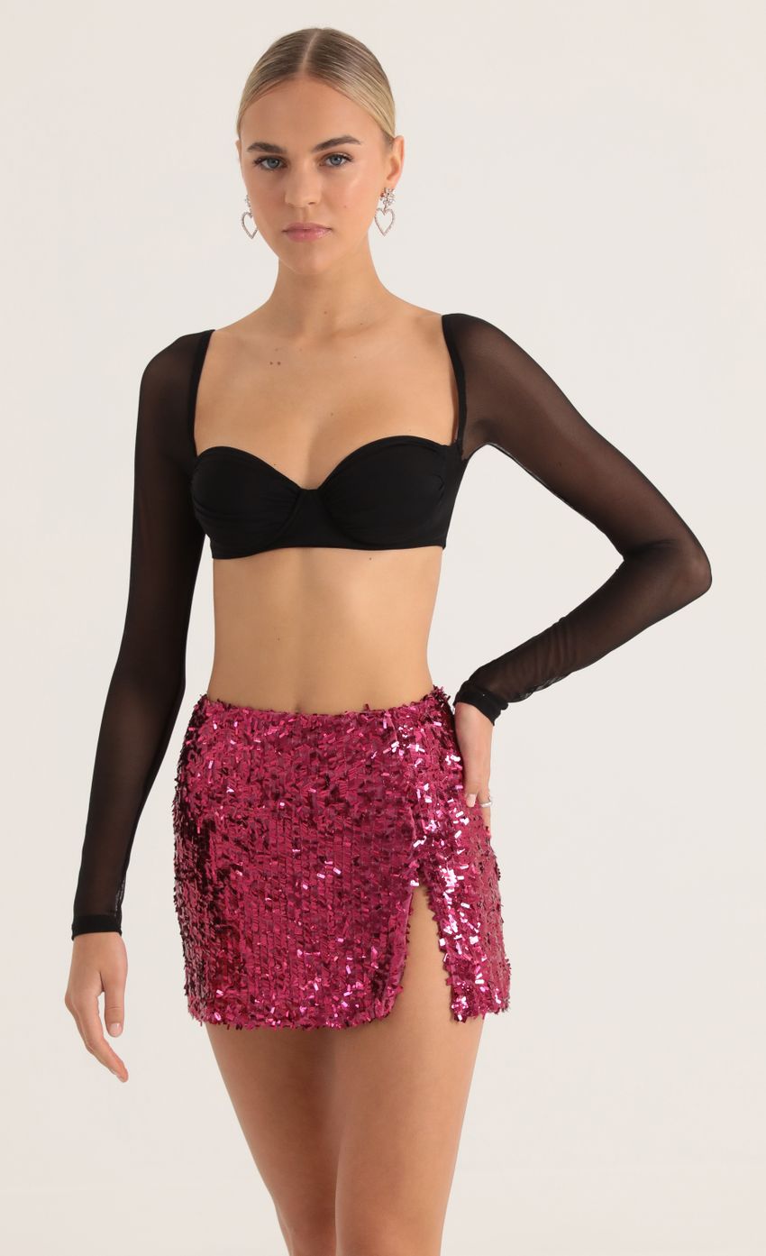 Picture Lilla Sequin Mesh Mini Skirt in Pink. Source: https://media.lucyinthesky.com/data/Oct22/850xAUTO/c9c0ce48-c261-4d5b-8c7c-91b2c9c0f786.jpg