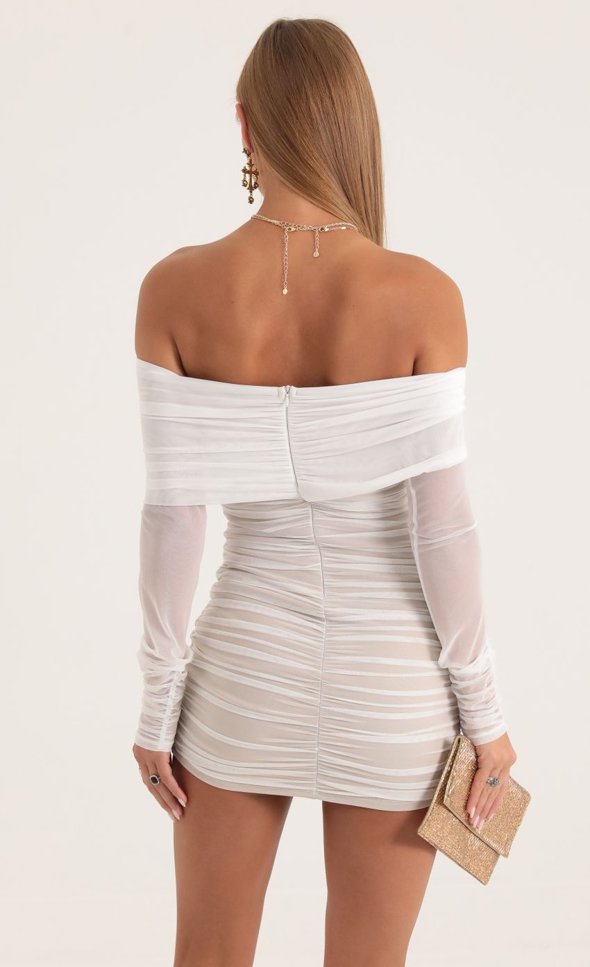 Picture Luisa Mesh Off The Shoulder Long Sleeve Dress in White. Source: https://media.lucyinthesky.com/data/Oct22/850xAUTO/cf3e2159-892c-4f17-bd77-d6f37d7d6a35.jpg