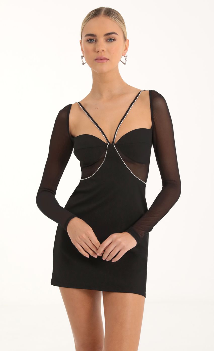 Picture Rania Rhinestone Mesh Cutout Dress in Black. Source: https://media.lucyinthesky.com/data/Oct22/850xAUTO/d21a0802-2105-4a56-8941-e0d9d886d281.jpg