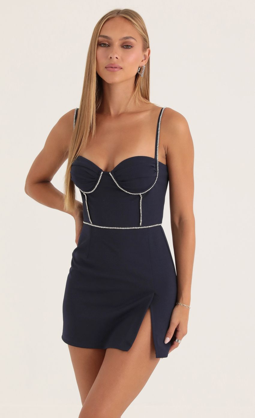 Picture Polina Crepe Rhinestone Corset Dress in Navy. Source: https://media.lucyinthesky.com/data/Oct22/850xAUTO/d4fedf88-226b-4c99-a6e6-d5928645007a.jpg