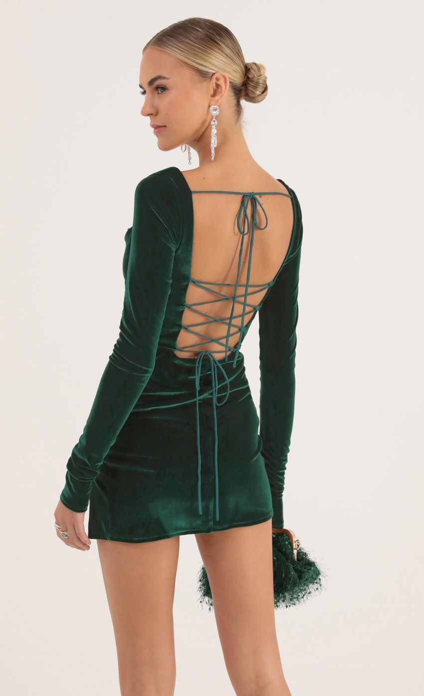 Picture Kaya Velvet Long Sleeve Corset Dress in Green. Source: https://media.lucyinthesky.com/data/Oct22/850xAUTO/d830ef79-4d24-4e18-a975-4798a87bc815.jpg