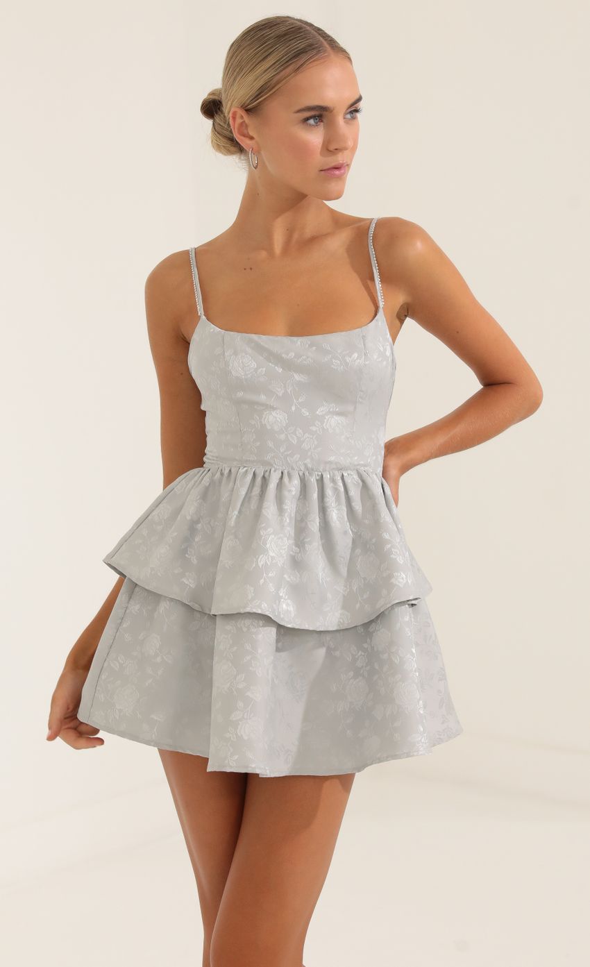 Picture Suzanne Floral Jacquard Ruffle Dress in Grey. Source: https://media.lucyinthesky.com/data/Oct22/850xAUTO/e88ec388-44df-40c6-bb1d-5fcbb951bd26.jpg