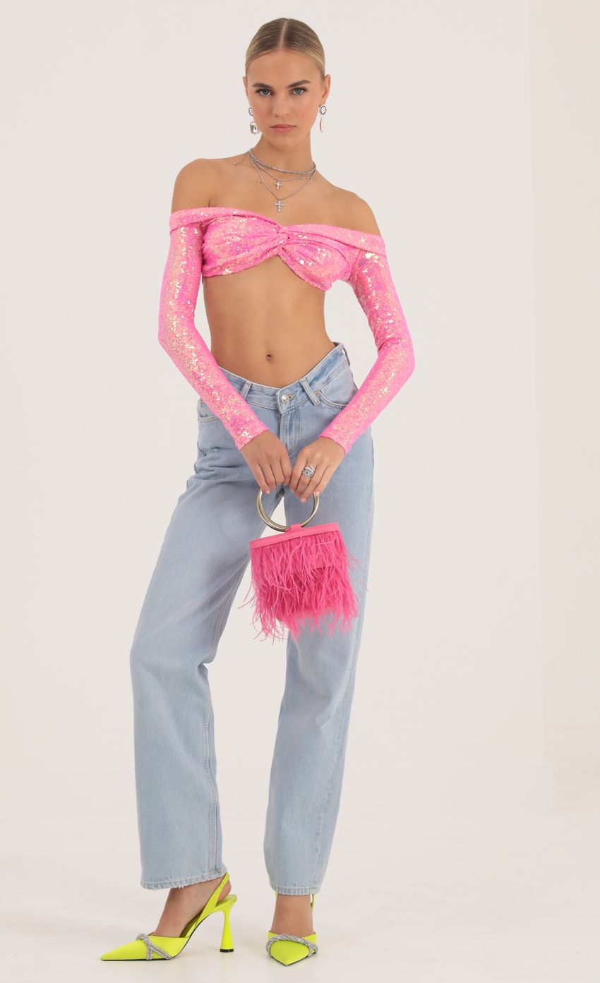 Picture Elva Iridescent Sequin Off The Shoulder Top in Pink. Source: https://media.lucyinthesky.com/data/Oct22/850xAUTO/e8b40465-95b0-4c36-ba37-4ccb76a1773b.jpg