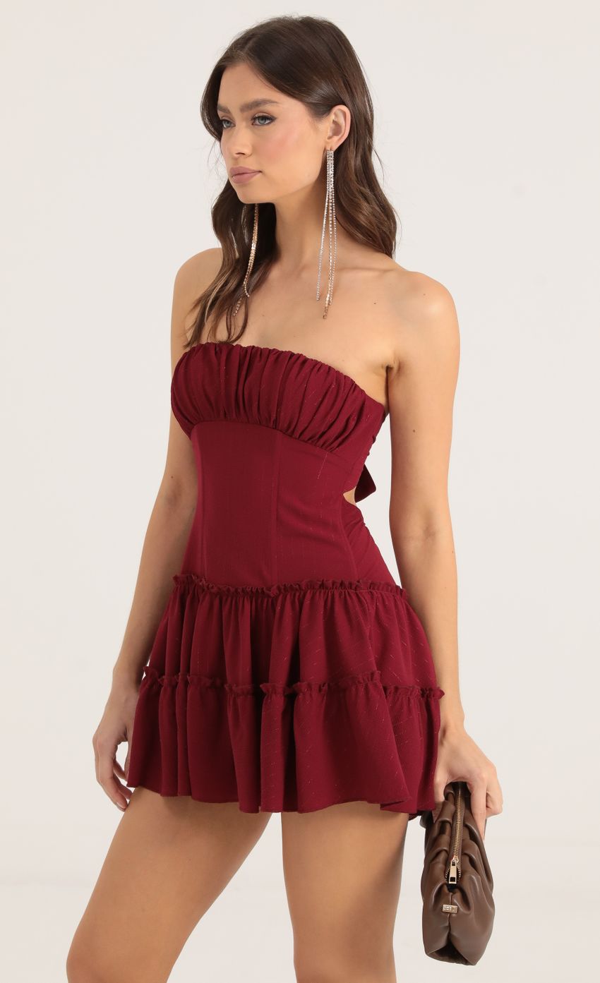 Picture Sheba Striped Crepe Strapless Corset Dress in Red. Source: https://media.lucyinthesky.com/data/Oct22/850xAUTO/edf95c6a-e3a0-48df-917e-28189d074eb2.jpg