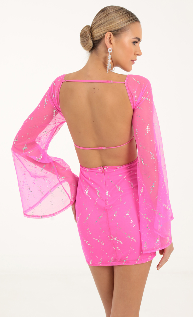 Korra Mesh Sequin Flare Sleve Dress in Hot Pink