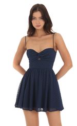 Picture Micah Dotted Chiffon Twist Dress in Navy. Source: https://media.lucyinthesky.com/data/Oct23/150xAUTO/844d3a45-0797-4bdf-bbee-7d70d405815c.jpg