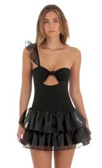 Picture Shelbey One Shoulder Ruffle Dress in Black. Source: https://media.lucyinthesky.com/data/Oct23/150xAUTO/c5505ccf-5240-4301-8bea-b21300d944ca.jpg