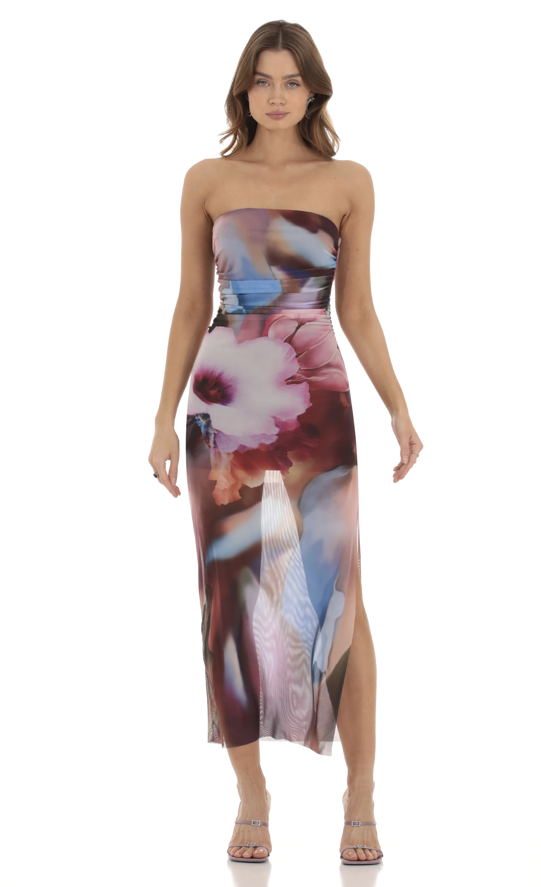 Raiden Ruched Mesh Maxi Dress in Floral Print