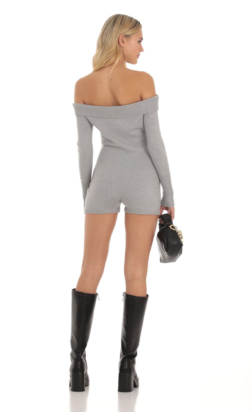 Picture Lanna Knit Off Shoulder Romper in Grey. Source: https://media.lucyinthesky.com/data/Oct23/850xAUTO/254769c4-b90b-4ba7-9a9a-a99e8cc99110.jpg