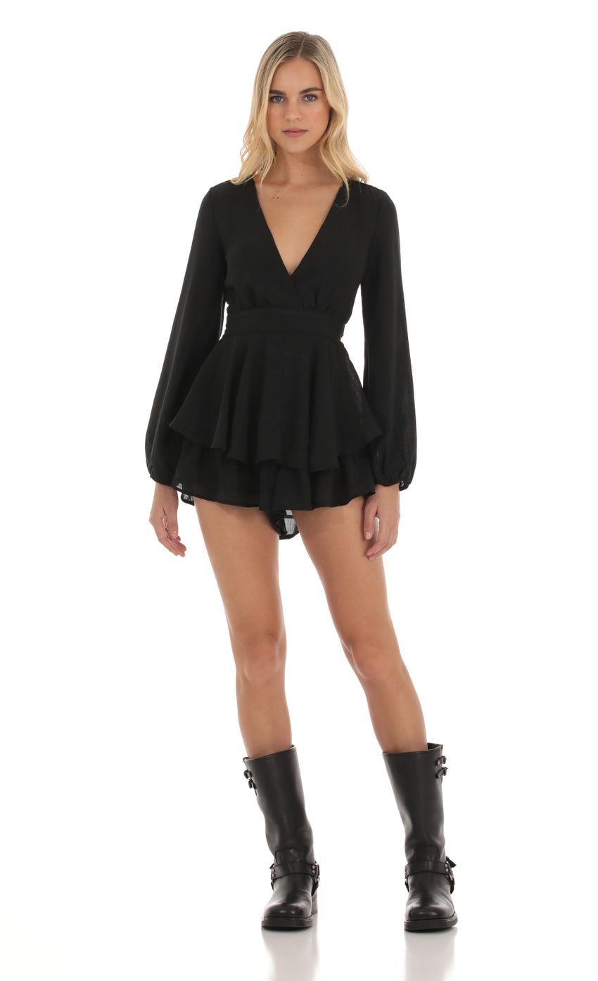 Picture Long Sleeve Wrap Romper in Black. Source: https://media.lucyinthesky.com/data/Oct23/850xAUTO/75c6be35-3a4b-4893-92c0-1ed1d93efa0b.jpg