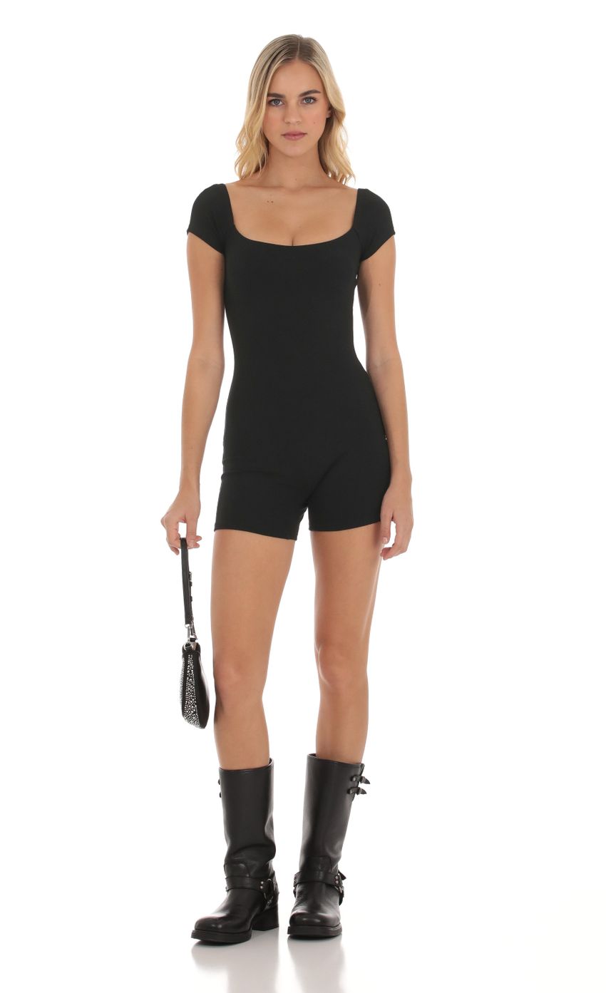 Picture Aleena Ribbed Bodycon Romper in Black. Source: https://media.lucyinthesky.com/data/Oct23/850xAUTO/8cfe7369-f1d4-441a-a620-20020c97ee89.jpg