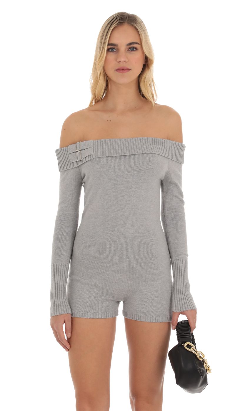 Picture Lanna Knit Off Shoulder Romper in Grey. Source: https://media.lucyinthesky.com/data/Oct23/850xAUTO/96499299-aeaa-4182-bcc4-81a4eedb1f9b.jpg