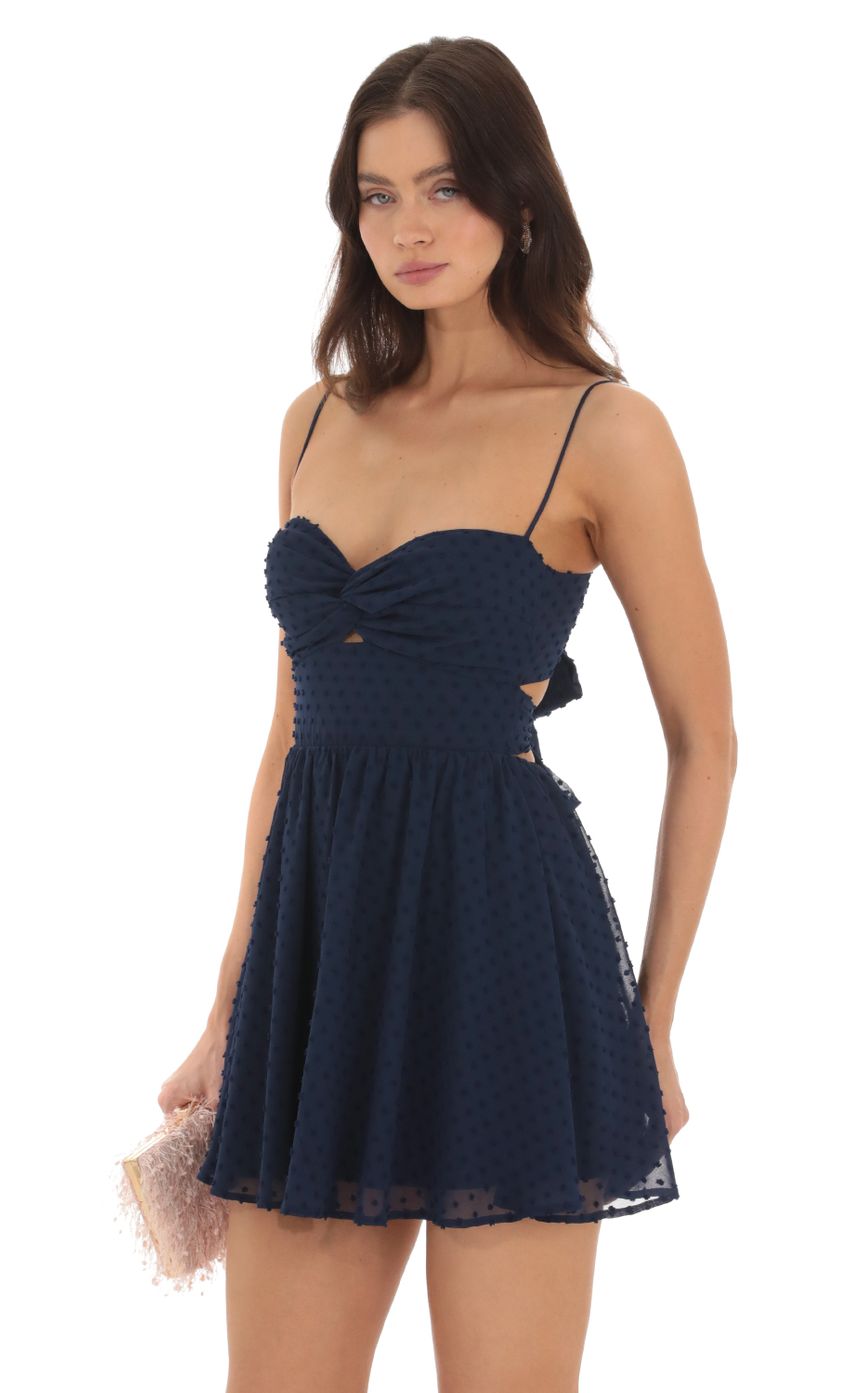 Picture Micah Dotted Chiffon Twist Dress in Navy. Source: https://media.lucyinthesky.com/data/Oct23/850xAUTO/a1f3975e-9fcd-4099-801d-d7060915f79f.jpg