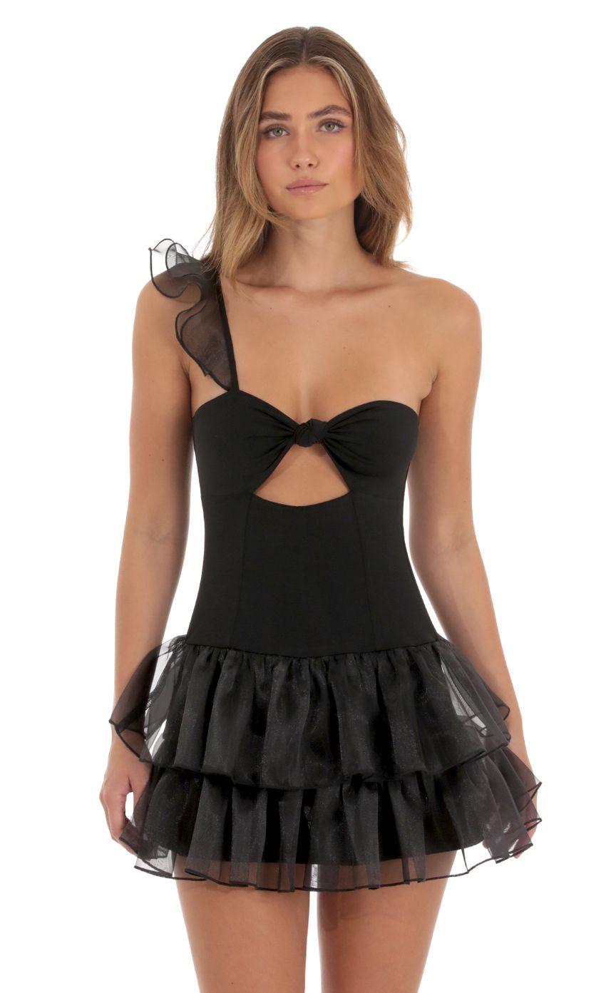 Picture Shelbey One Shoulder Ruffle Dress in Black. Source: https://media.lucyinthesky.com/data/Oct23/850xAUTO/c5505ccf-5240-4301-8bea-b21300d944ca.jpg
