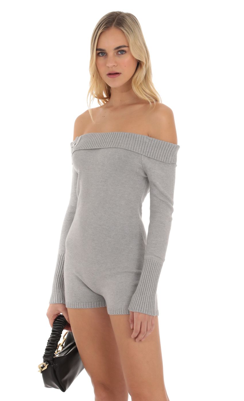 Picture Lanna Knit Off Shoulder Romper in Grey. Source: https://media.lucyinthesky.com/data/Oct23/850xAUTO/f4bc9fbd-a242-432f-8166-232c7c0dde2d.jpg