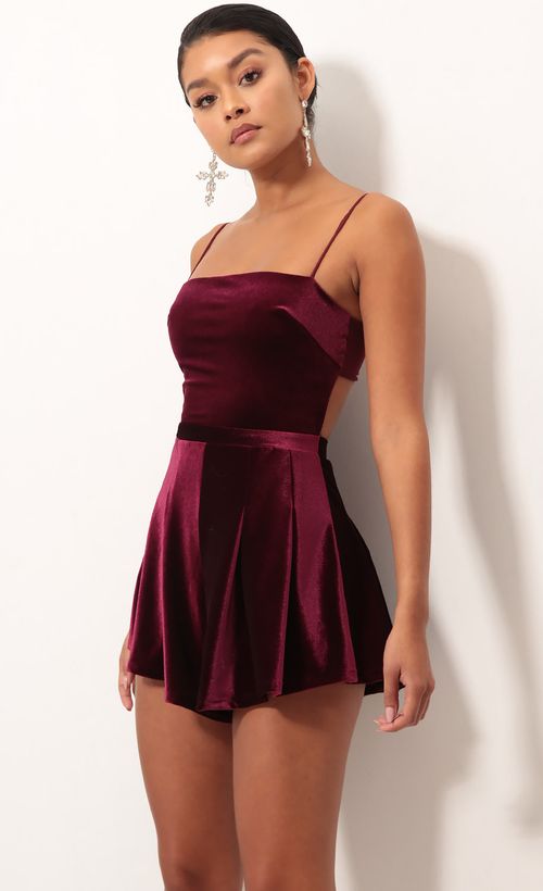 Picture Bella Velvet Romper In Wine. Source: https://media.lucyinthesky.com/data/Sep18_1/500xAUTO/0Y5A8470.JPG