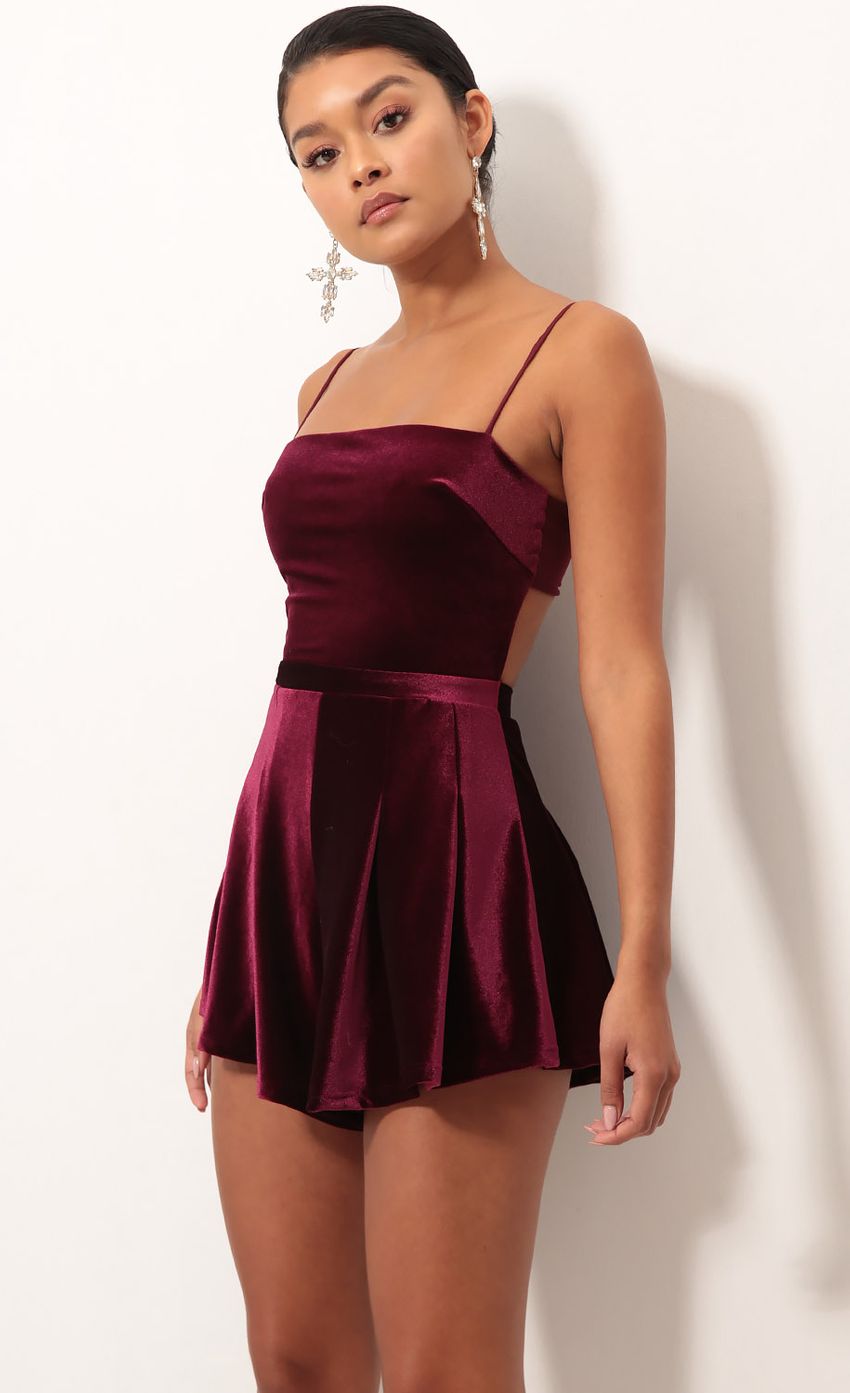 Picture Bella Velvet Romper In Wine. Source: https://media.lucyinthesky.com/data/Sep18_1/850xAUTO/0Y5A8470.JPG