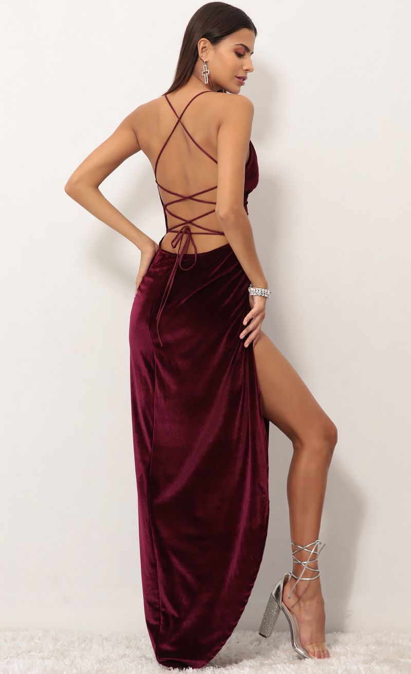 Picture Velvet Luxe Maxi Dress in Wine. Source: https://media.lucyinthesky.com/data/Sep18_2/800xAUTO/0Y5A0992.JPG