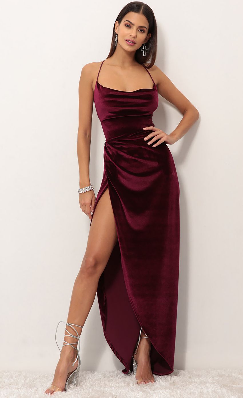 Picture Lovely Velvet Luxe Maxi Dress in Wine. Source: https://media.lucyinthesky.com/data/Sep18_2/850xAUTO/0Y5A0958.JPG