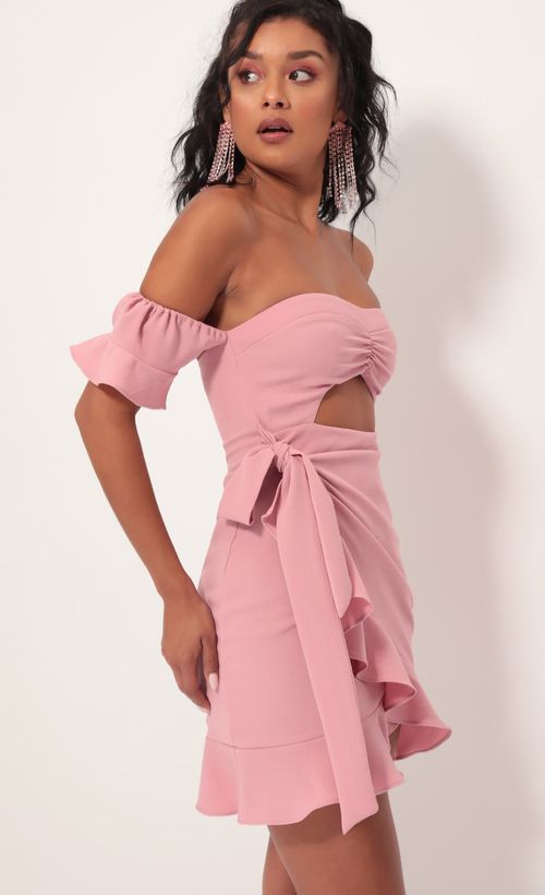 Picture Melrose Off The Shoulder Wrap Dress in Mauve. Source: https://media.lucyinthesky.com/data/Sep19_1/500xAUTO/781A1727.JPG