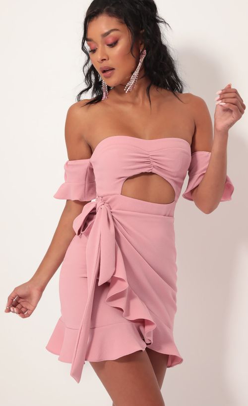 Picture Melrose Off The Shoulder Wrap Dress in Mauve. Source: https://media.lucyinthesky.com/data/Sep19_1/500xAUTO/781A1733.JPG
