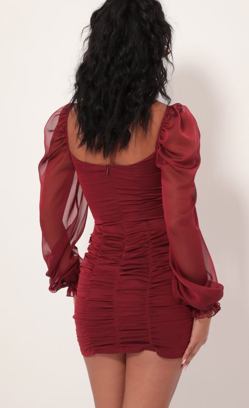 Picture Couture Chiffon Puff Sleeve Dress in Merlot. Source: https://media.lucyinthesky.com/data/Sep19_1/500xAUTO/781A1792.JPG