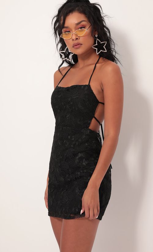 Picture Calabria Sparkly Embroidered Lace Dress in Black. Source: https://media.lucyinthesky.com/data/Sep19_1/500xAUTO/781A1992.JPG