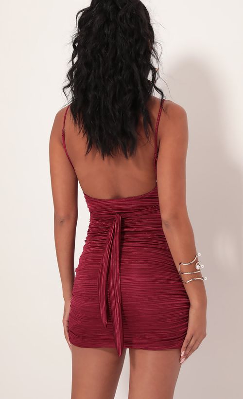 Picture Jaden Pleated Satin Knot Dress in Wine. Source: https://media.lucyinthesky.com/data/Sep19_1/500xAUTO/781A2109.JPG