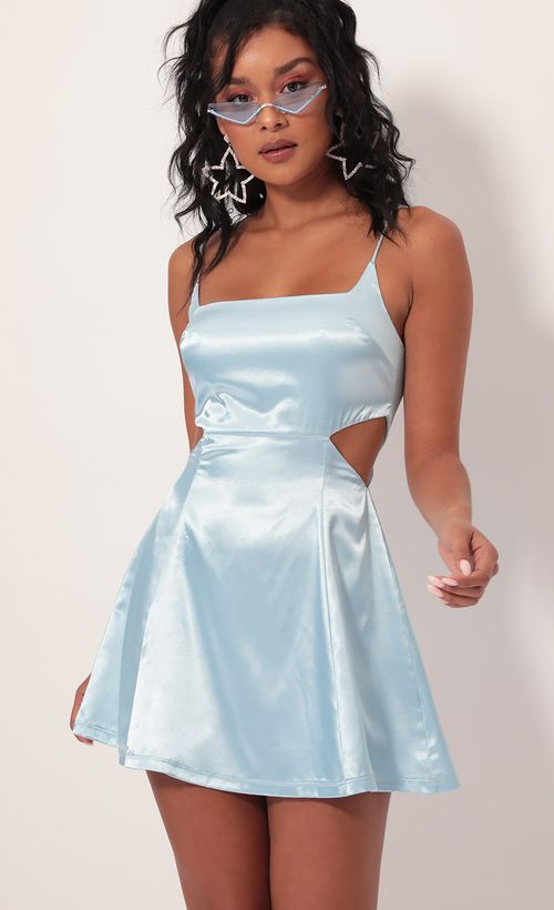 Picture Alani Satin Diamond Cutout Dress in Light Blue. Source: https://media.lucyinthesky.com/data/Sep19_1/500xAUTO/781A2126.JPG