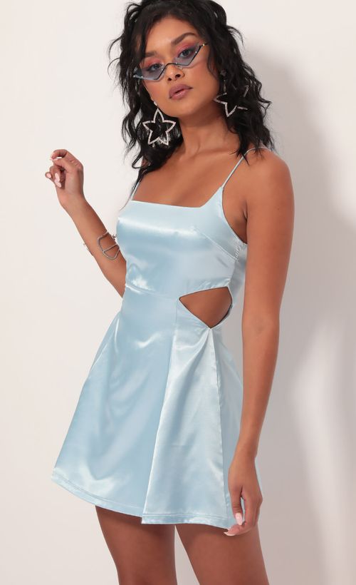 Picture Alani Satin Diamond Cutout Dress in Light Blue. Source: https://media.lucyinthesky.com/data/Sep19_1/500xAUTO/781A2131.JPG