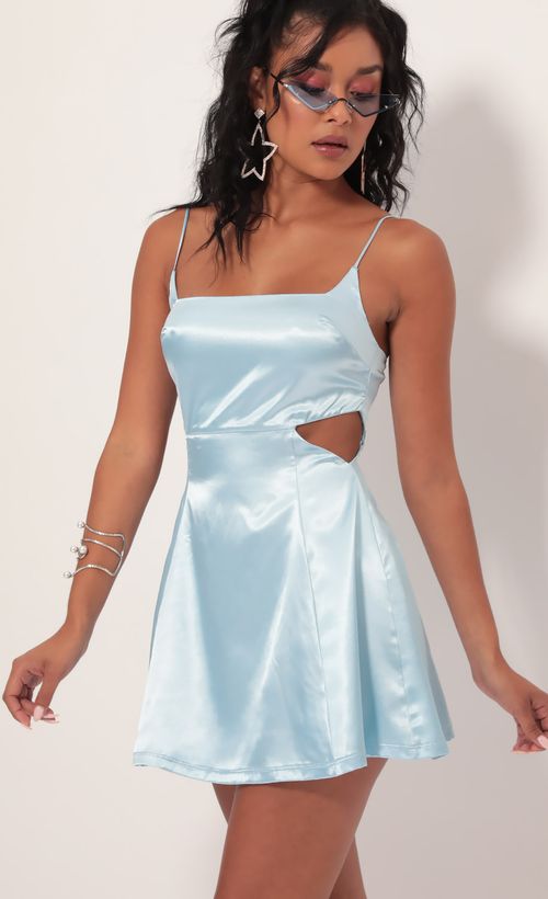 Picture Alani Satin Diamond Cutout Dress in Light Blue. Source: https://media.lucyinthesky.com/data/Sep19_1/500xAUTO/781A2150.JPG