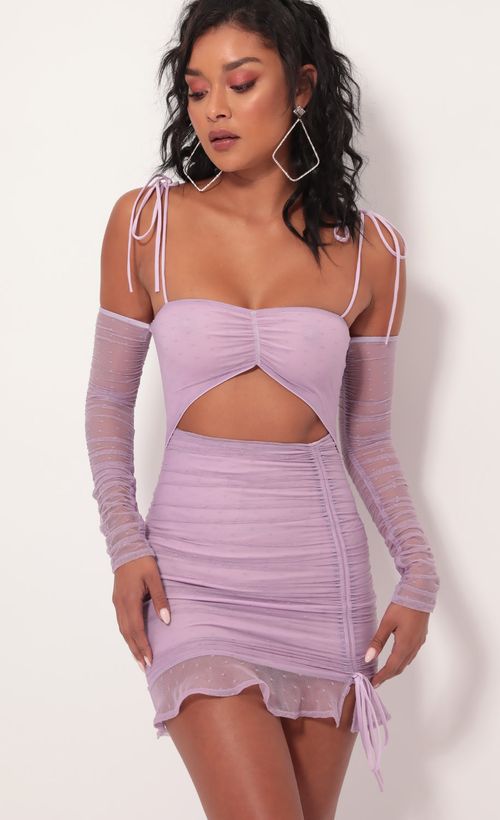 Picture Alessia Polka Dot Mesh Cutout Dress in Lilac. Source: https://media.lucyinthesky.com/data/Sep19_1/500xAUTO/781A2771.JPG