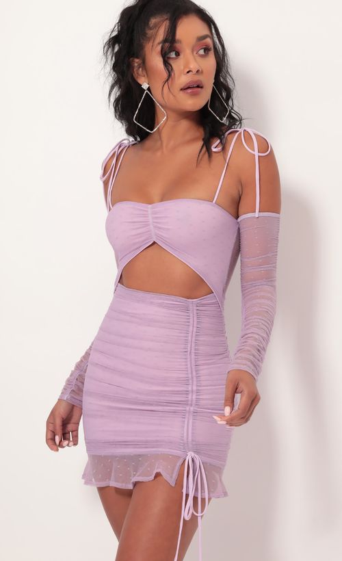 Picture Alessia Polka Dot Mesh Cutout Dress in Lilac. Source: https://media.lucyinthesky.com/data/Sep19_1/500xAUTO/781A2778.JPG