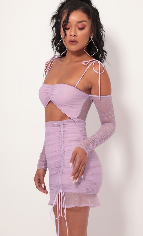 Picture Alessia Polka Dot Mesh Cutout Dress in Lilac. Source: https://media.lucyinthesky.com/data/Sep19_1/500xAUTO/781A2786.JPG