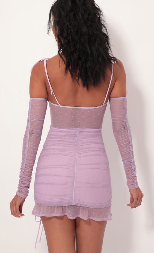 Picture Alessia Polka Dot Mesh Cutout Dress in Lilac. Source: https://media.lucyinthesky.com/data/Sep19_1/500xAUTO/781A2797.JPG