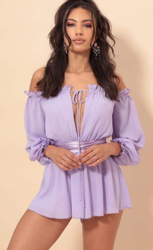 Picture Vallarta Off The Shoulder Romper in Lavender. Source: https://media.lucyinthesky.com/data/Sep19_1/500xAUTO/781A8747.JPG