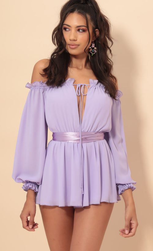 Picture Vallarta Off The Shoulder Romper in Lavender. Source: https://media.lucyinthesky.com/data/Sep19_1/500xAUTO/781A8751.JPG