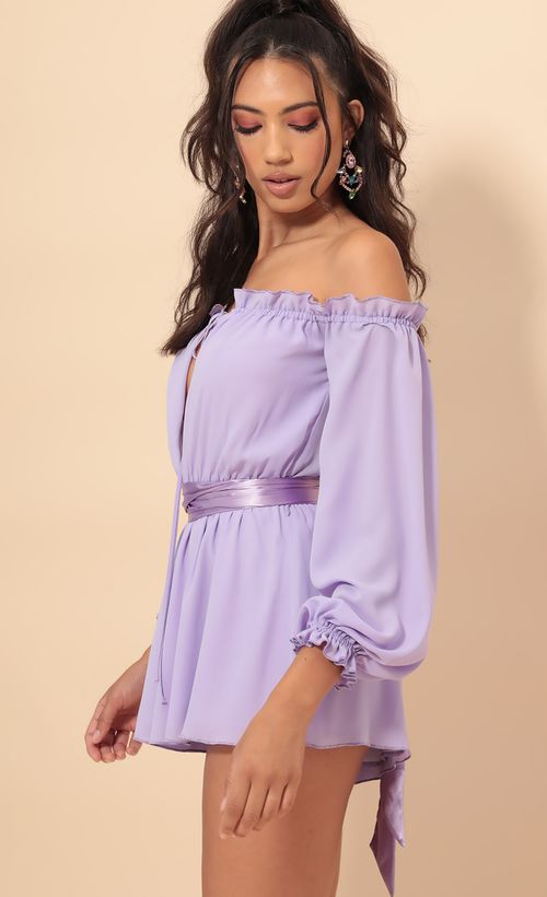 Picture Vallarta Off The Shoulder Romper in Lavender. Source: https://media.lucyinthesky.com/data/Sep19_1/500xAUTO/781A8761.JPG