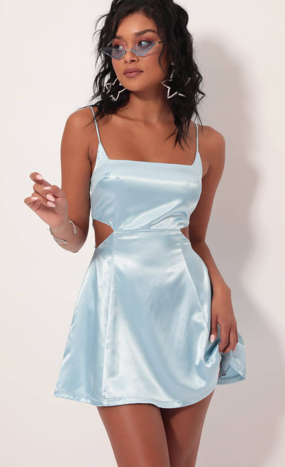Alani Satin Diamond Cutout Dress in Light Blue